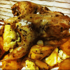 Roasted Quail with Sweet Potato & Cauliflower - my 1st attempt at cooking quail